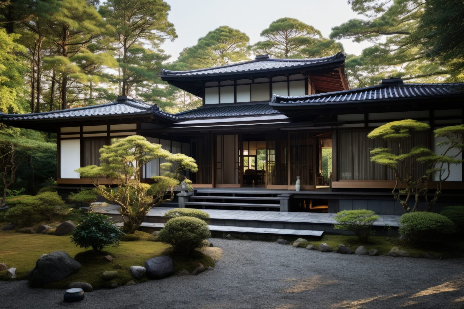 苔と砂利の庭の奥に佇む瓦屋根の伝統的な日本家屋